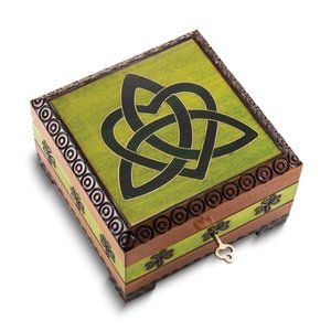 Handcrafted Wood Green Celtic Carved and Painted Keepsake Box with lock and key